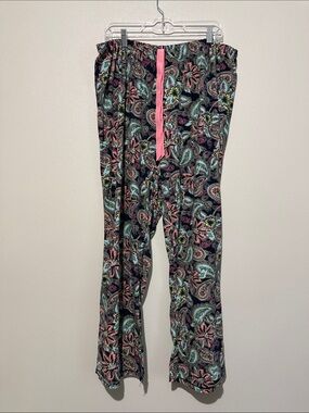 Bobbie Brooks Black Paisley Wide-Leg Lounge Pants with Pink Drawstring